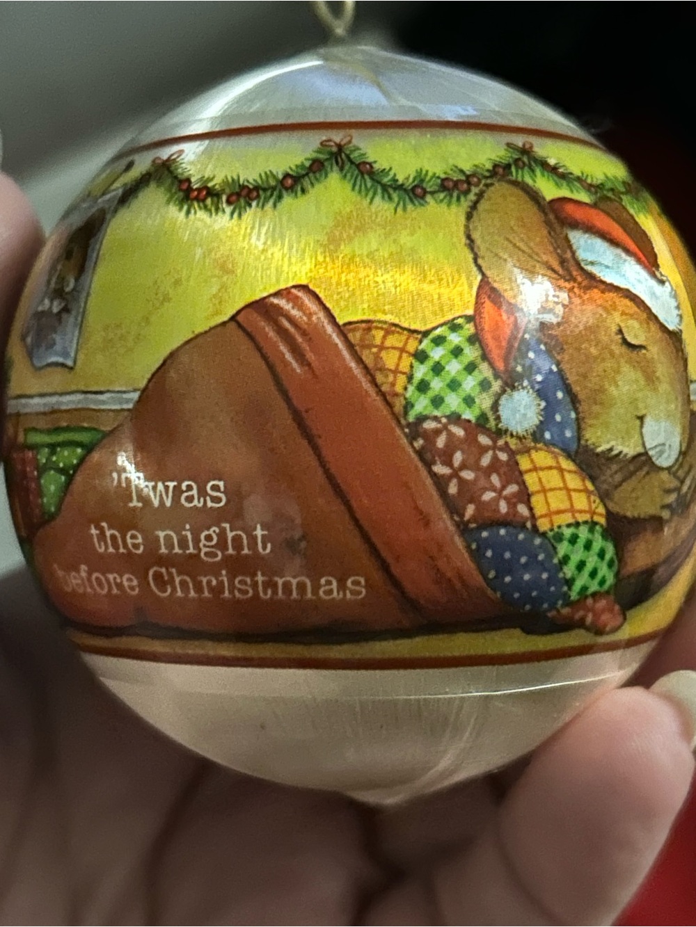 Vintage Twas The Night Before Christmas Mouse In Bed Satin Ball Tree Ornament